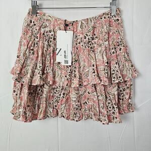 Zara Pink White Floral Tiered Mini Ruffle Skort Skirt Small Twee Summer Boho